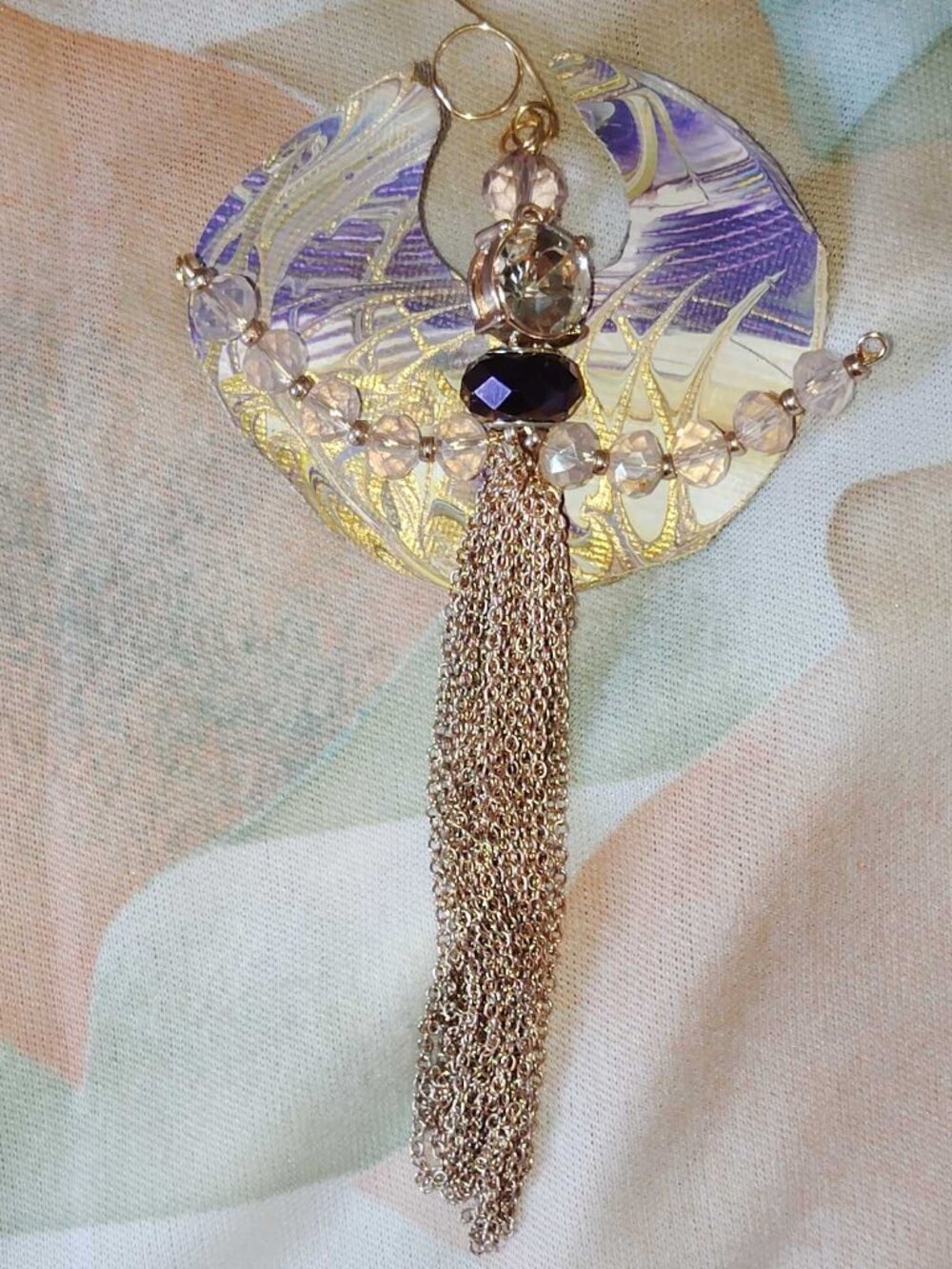 Beautiful handcrafted angel ornament purple gold and pink crystal stones